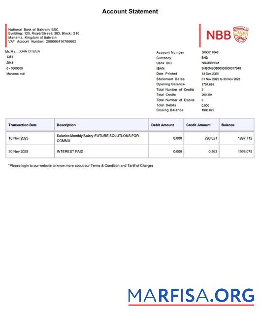 Blank Bahrain National Bank of Bahrain account statement word real example